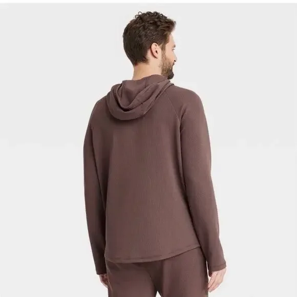 Heavy Waffle HOODED Sweatshirt All in Motion 2 pocket BROWN Thumbholes Sz Small - Picture 2 of 13
